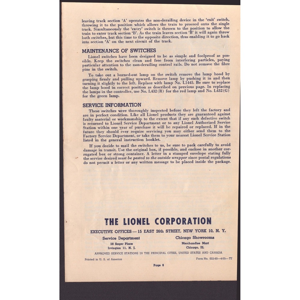 Vintage Lionel Remote Control No. 022 Switches Instruction Manual 1955 O Gauge - Picture 2 of 2